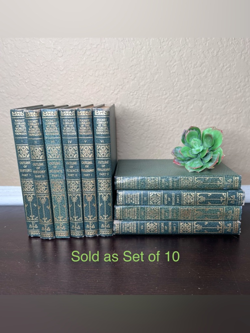 Antique 1920s Pocket Library Set of 10 Books, Green Gilt Spine, Funk & Wagnalls
